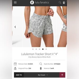 NWOT Lululemon Tracker Short V *4"
City Breeze Alpine White Multi